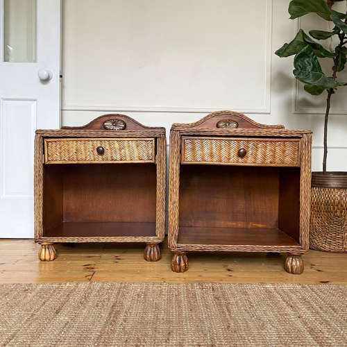 Pair Of Rattan Bedside Tables, Boho