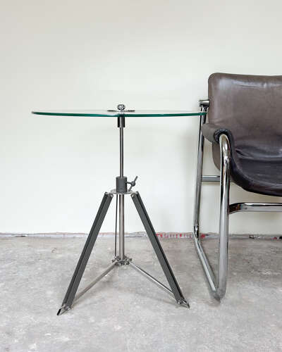 Adjustable Glass Top Table with Drum Kit-Style Legs