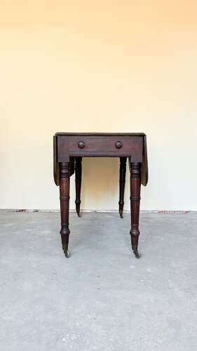 Antique 19th C Pembroke Drop-Leaf Table with Brass Castors & Bead Trim