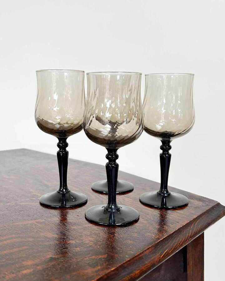 Set of 4 Luminarc Black Stem Goblets | Smoky Swirl French Vintage Glasses 1970s