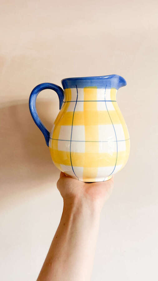 Vintage Yellow & Blue Checkered Jug | Ceramic Flower or Kitchen Jug