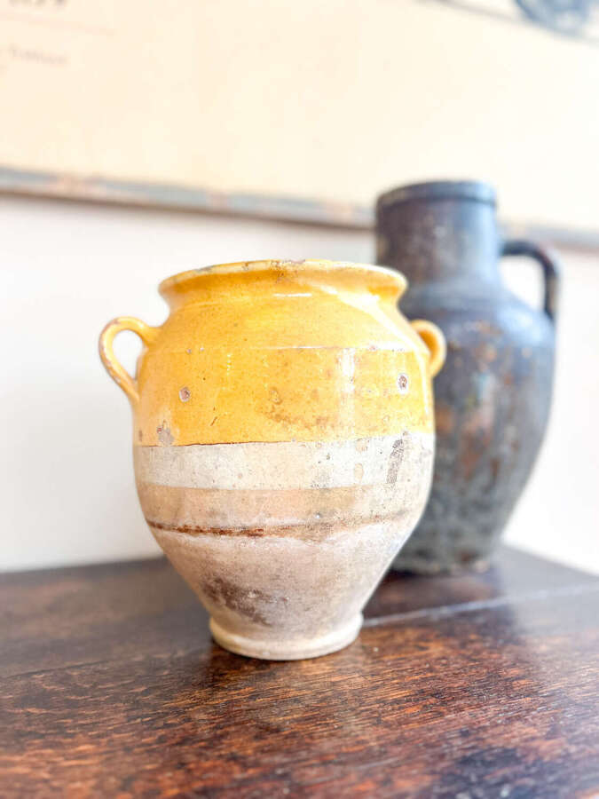 Antique French yellow confit pot, provencal stone ware
