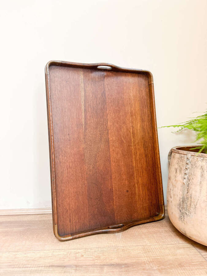 Art deco antique wooden tray with brass corner detail