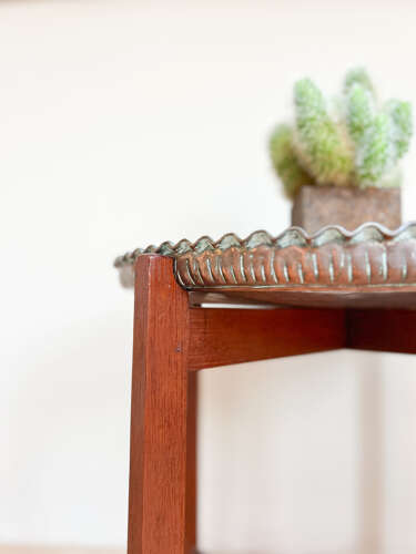 Mid Century Teak & Copper Plate Folding Side Table | Plant Stand