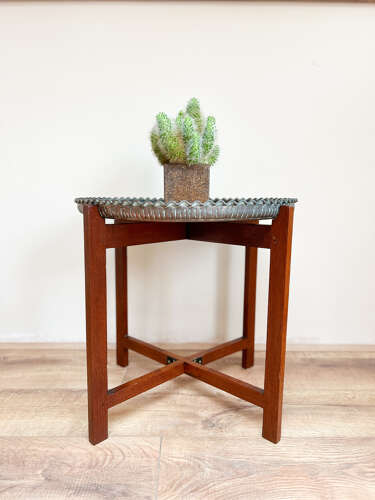Mid Century Teak & Copper Plate Folding Side Table | Plant Stand