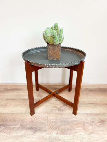 Mid Century Teak & Copper Plate Folding Side Table | Plant Stand
