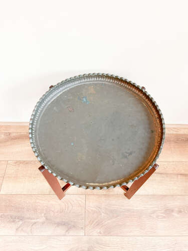 Mid Century Teak & Copper Plate Folding Side Table | Plant Stand
