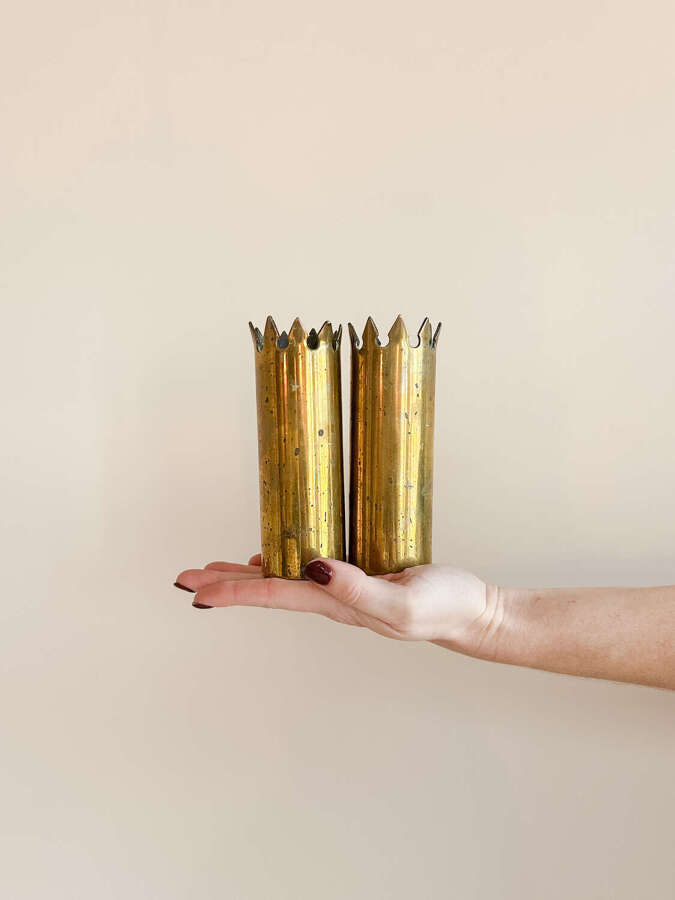 Pair of WW1 Trench Art Crown-Top Brass Vases