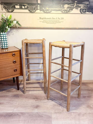 Pair of Rustic French Rush Seat Bar Stools