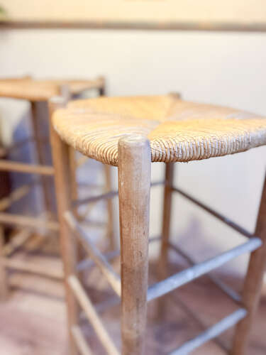 Pair of Rustic French Rush Seat Bar Stools