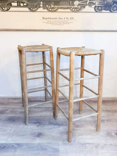 Pair of Rustic French Rush Seat Bar Stools