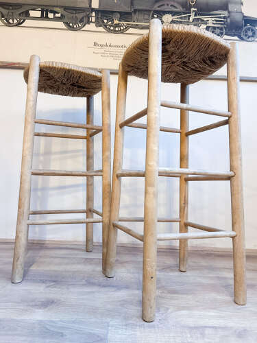 Pair of Rustic French Rush Seat Bar Stools